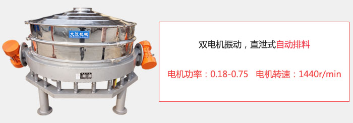 雙電機(jī)振動(dòng)，直泄式自動(dòng)排料電機(jī)功率：0.18-0.75   電機(jī)轉(zhuǎn)速：1440r/min。